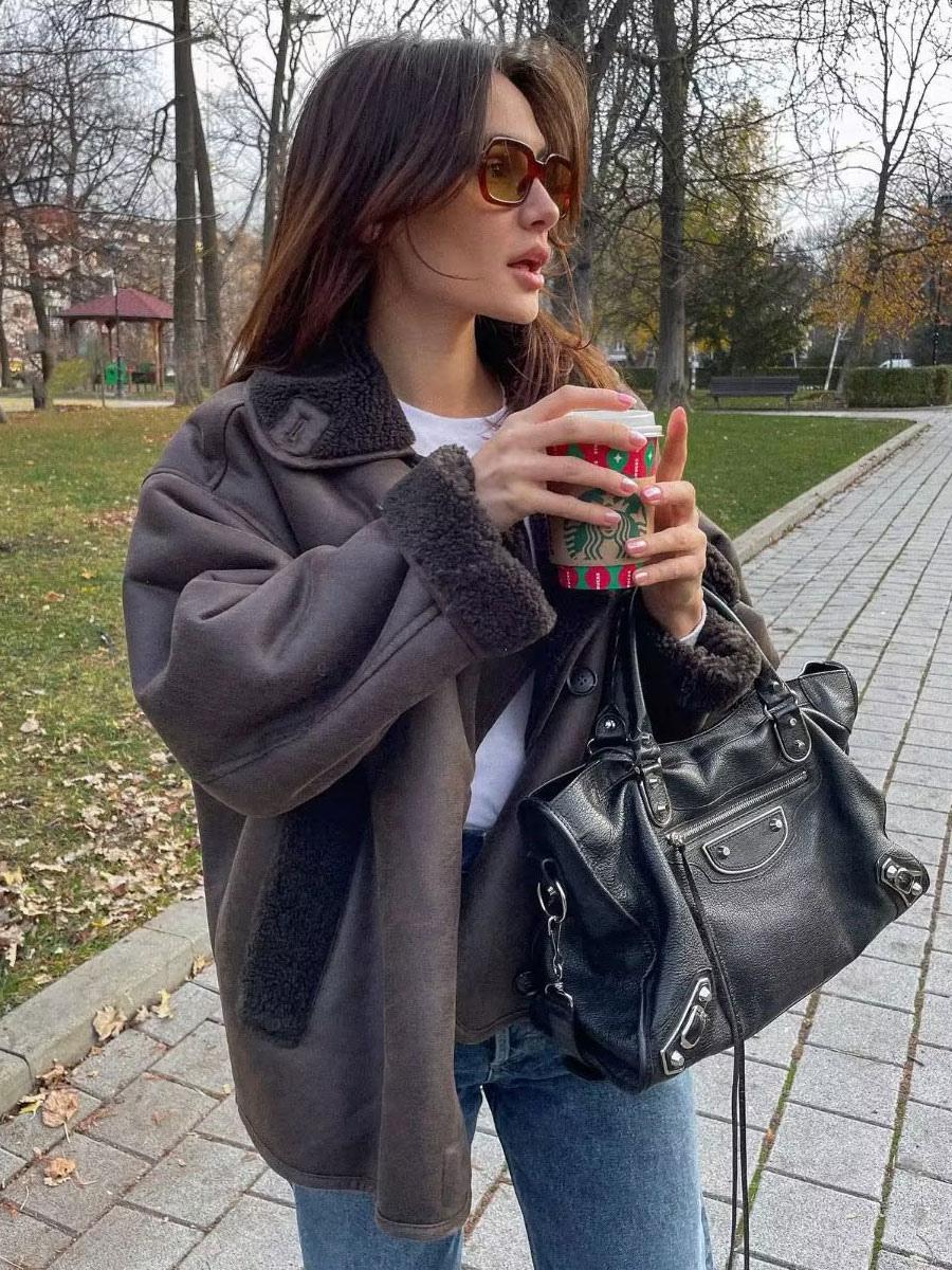 Izabele Atelier™ | Nola Brązowa kurtka z rzeczywistej skóry